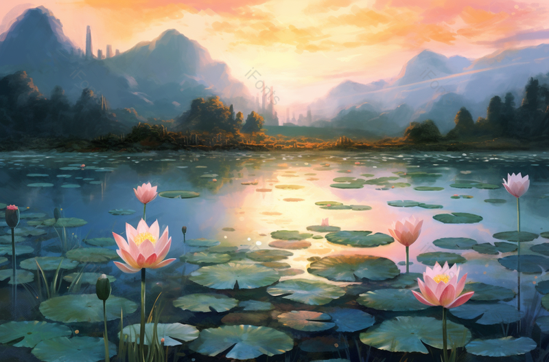 中国复古彩色傍晚荷花池,插画/手绘图,插画/手绘图库,插画/手绘图下载,插画/手绘